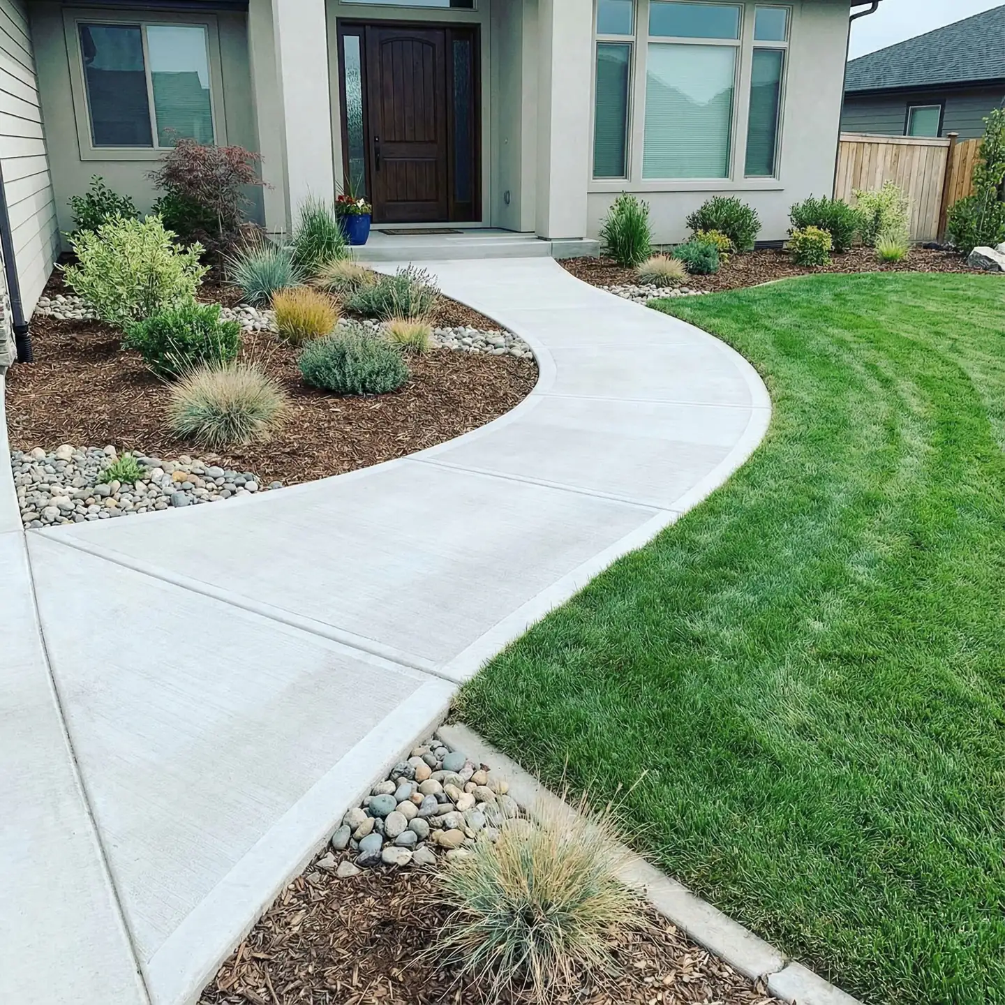 Curved concrete walkway beside new sod and planted beds