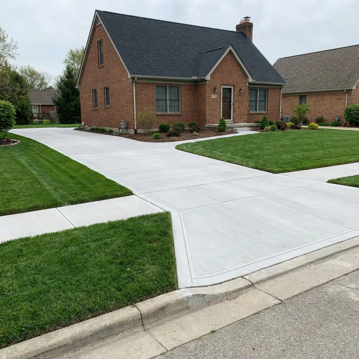 New concrete driveway and sidewalk beside a lawn