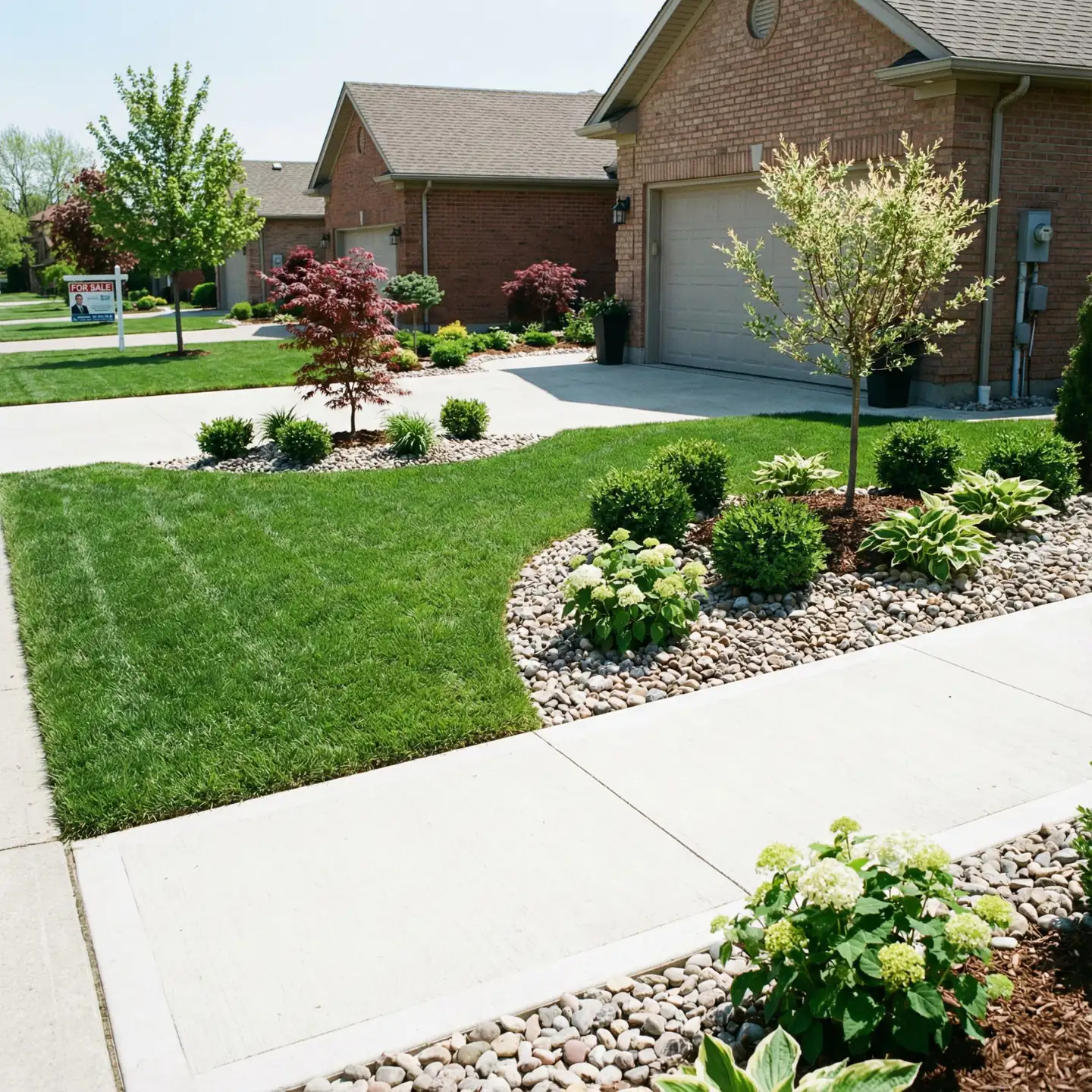 Garden bed with decorative stone and shrubs