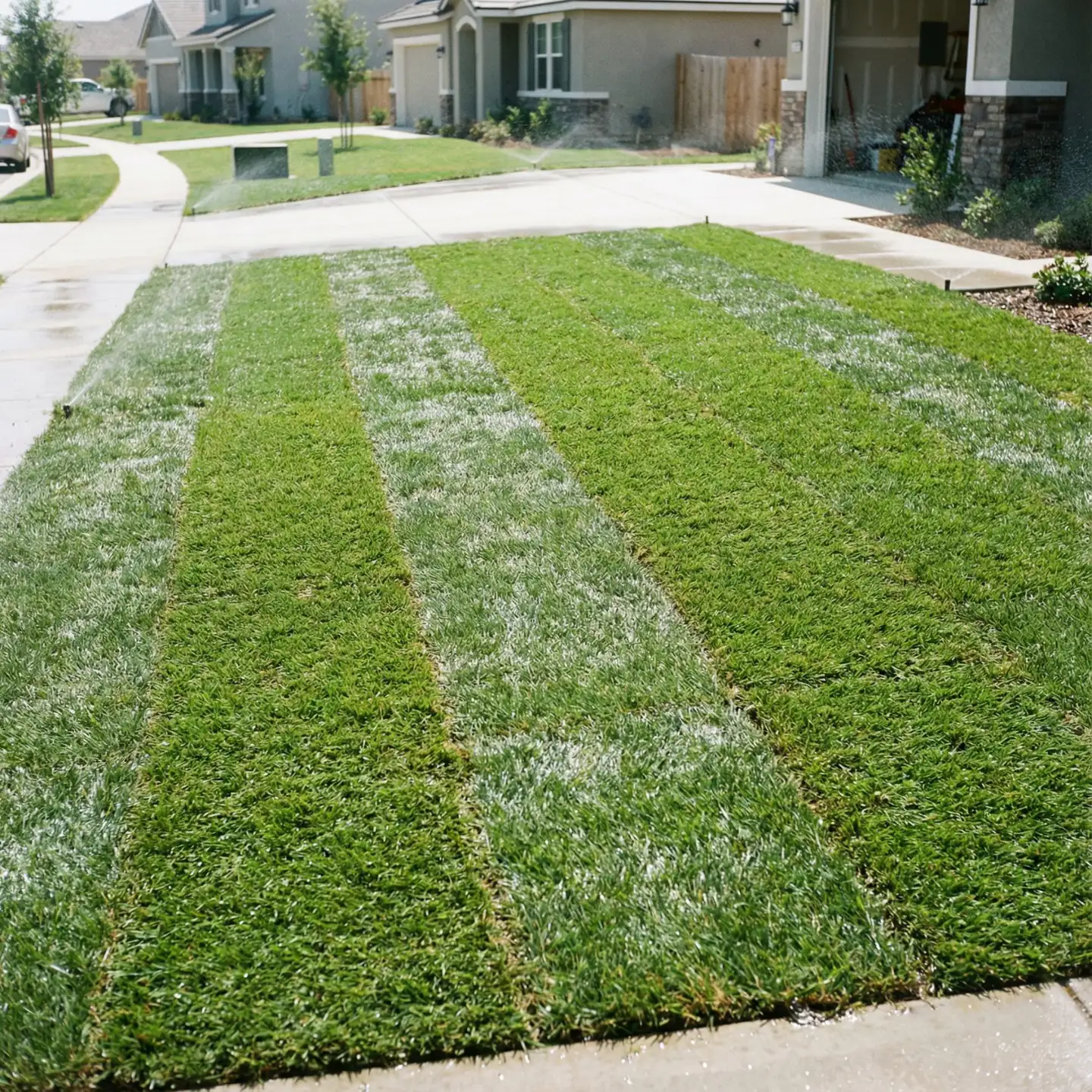 Fresh sod laid in rows across a front lawn